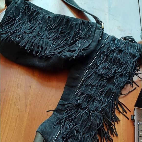 Steve Madden Black Suede Fringe Crossbody Satchel - Picture 2 of 16